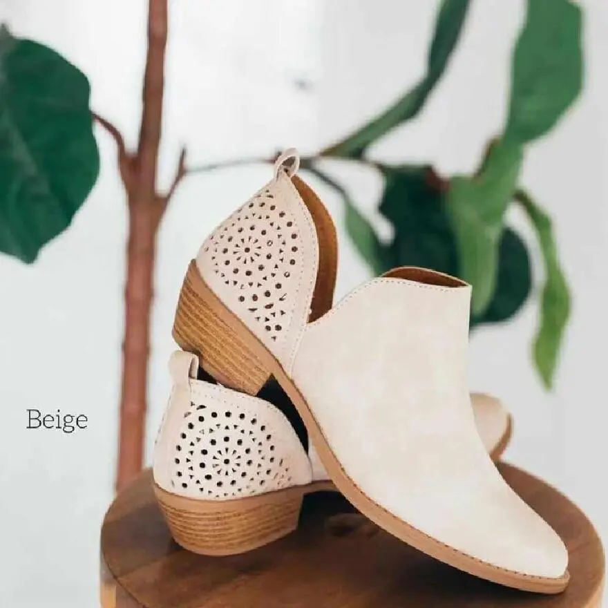 Women Shoes Retro Mesh Ankle Square Heels Boots Female Slip On Mid Heels Casual Botas - Beige