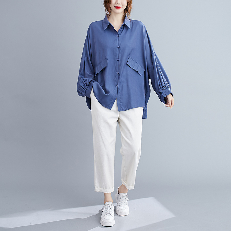 Solid Color Is Easy To Wear Plus Size Women's Shirt With Bat Sleeves Covering Meat Shirt