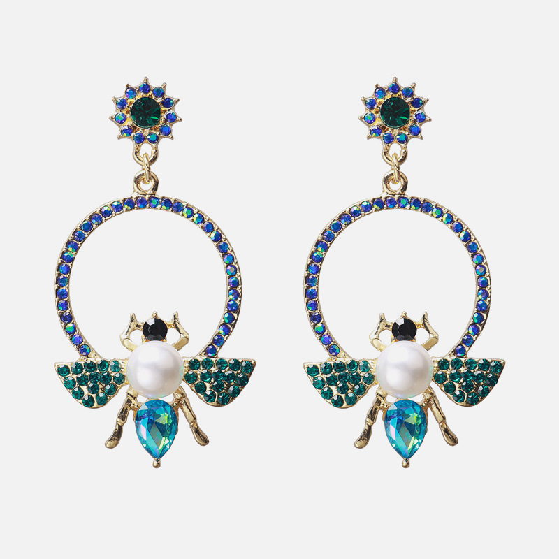 Alloy Diamond Bee Inlaid Pearl Earrings