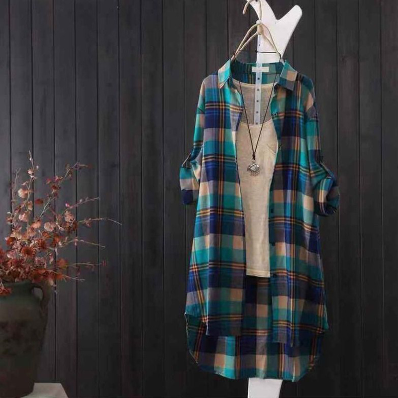 Cotton Mid-length Plaid Long-sleeved Shirt