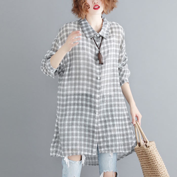 Retro Loose Casual Check Chiffon Cardigan Mid-Length Thin Long Sleeve Collar Shirt