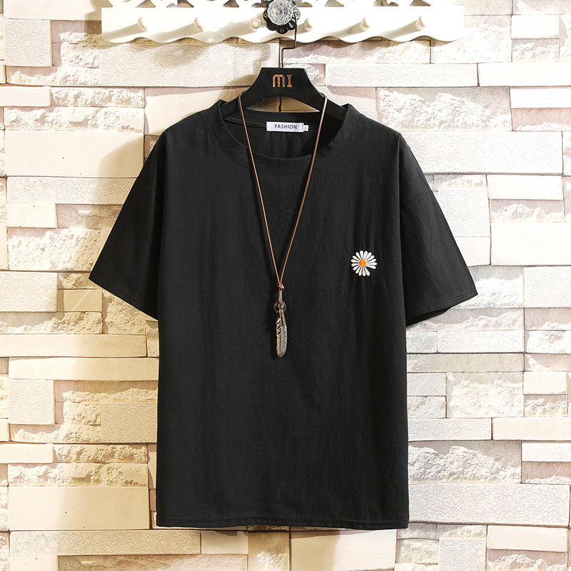 Large Size Cotton And Linen Embroidery Trendy Men's Loose Short Sleeves