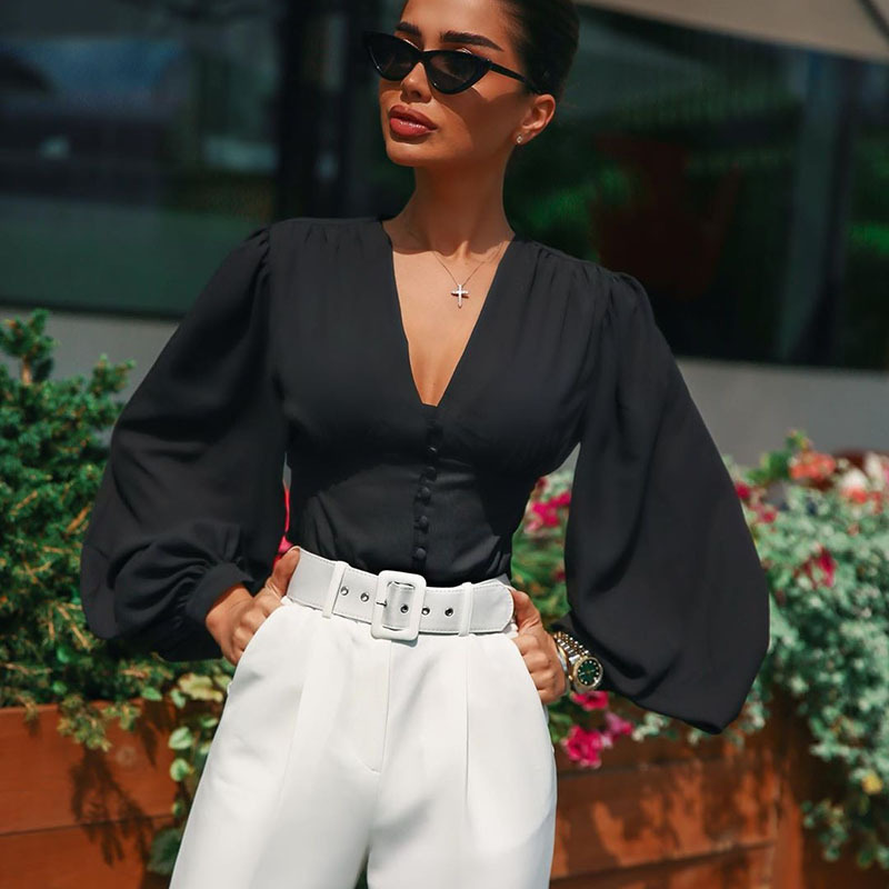 Solid Color V-neck Button Long Sleeve Puff Sleeve Slim T-shirt