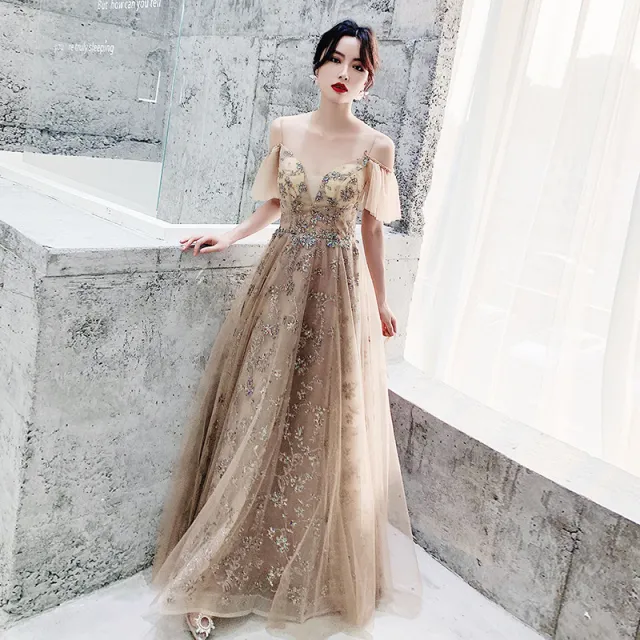 New style Sling Fantasy Fairy Temperament Birthday Party Host Dress Skirt Long Champagne 2Xl - Shop at LoveMi