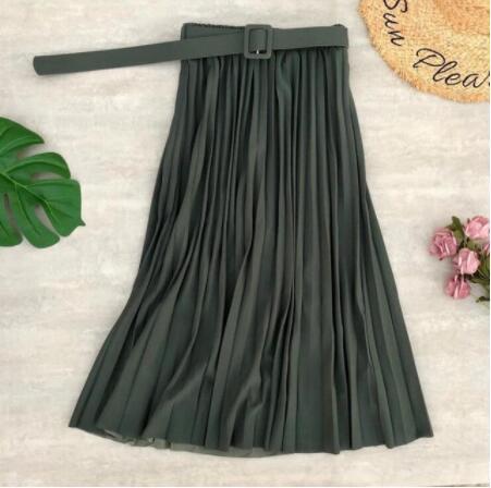 Solid color belt organ pleated skirt