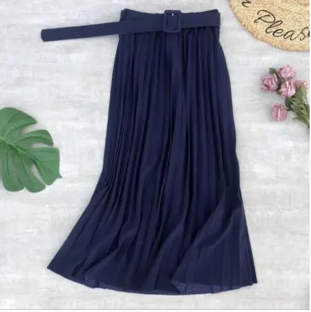 Solid color belt organ pleated skirt 1Royal Blue - Shop at LoveMi