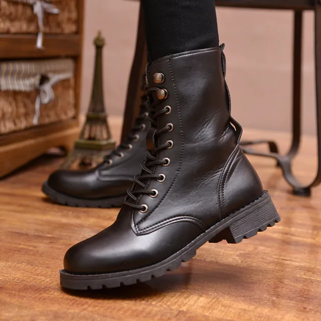Women's Mid Tube Martin Boots High Top British Leather Boots Black - Shop at LoveMi