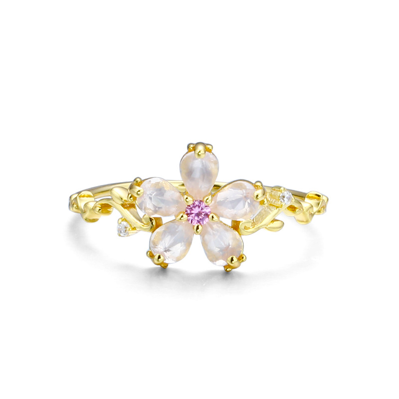 New S925 Sterling Silver Gold Plated Pink Crystal Flower Ring