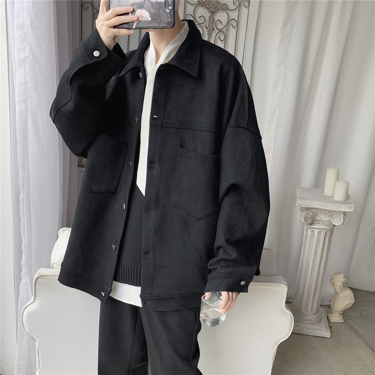 Men's Loose Jacket Casual Lapel Jacket Solid Color Trend Tooling Top