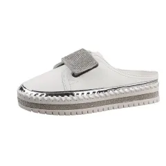 New Flat-Bottomed Rhinestone Baotou Semi Slippers Tide - White - View 1