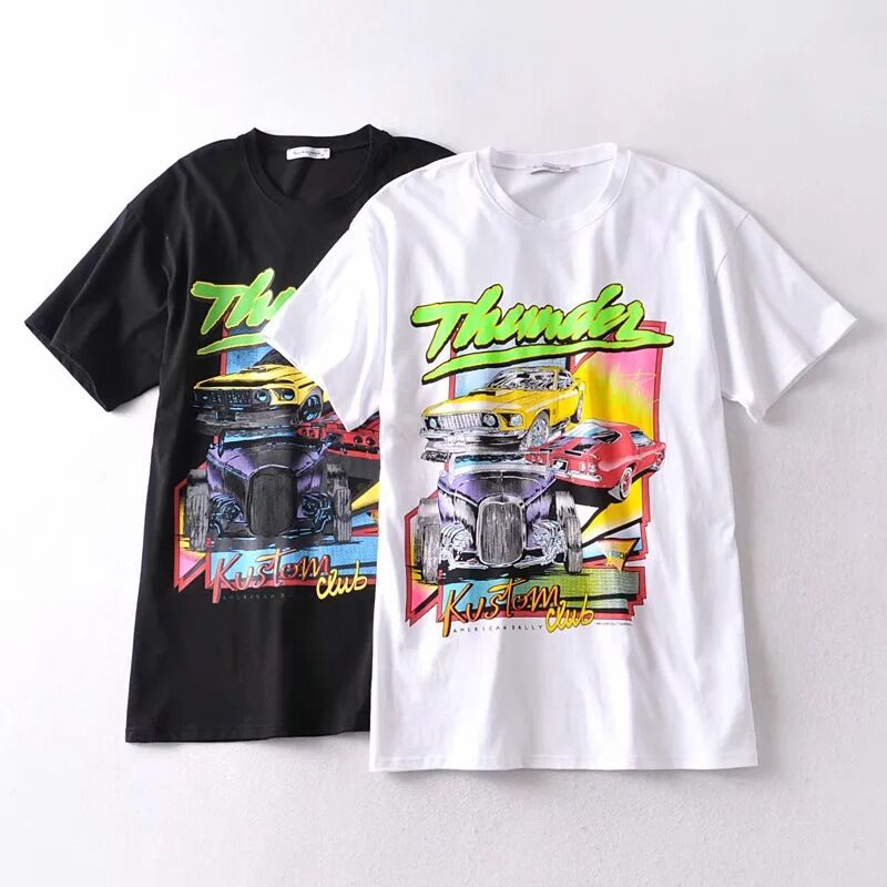 Retro Loose Car Print Short Sleeve