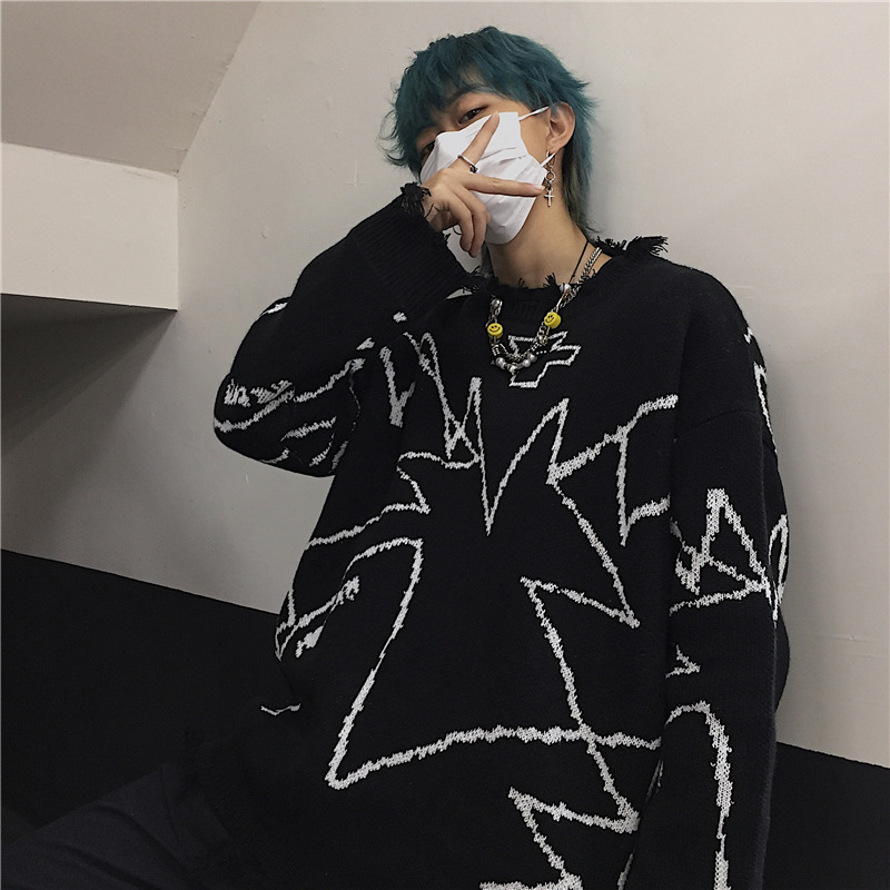 Loose Retro Contrast Color Hand-Painted Personality Tattered Edge Slimming Sweater