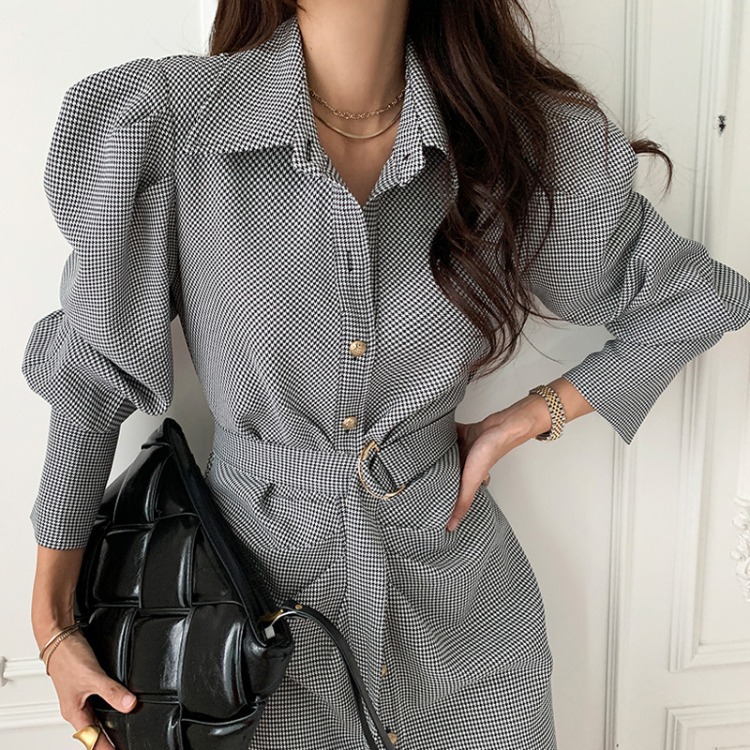 Design Pleated Plaid Long Puff Sleeve Dress