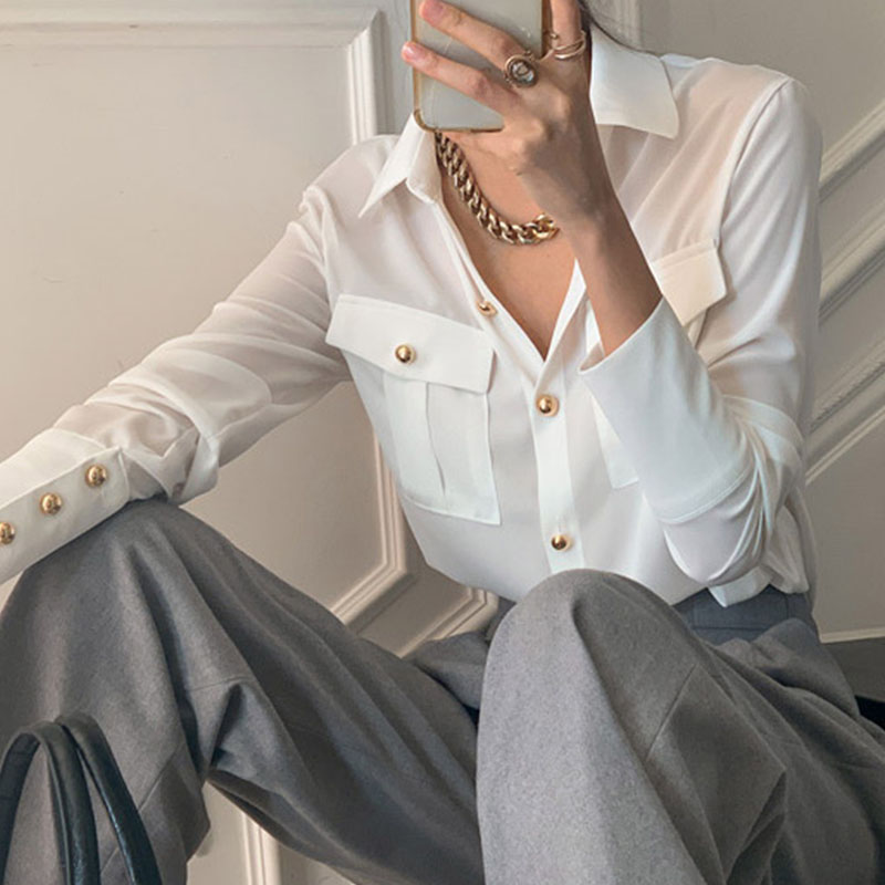 Gold Button Pocket Shirt And High-waist Slacks Trousers