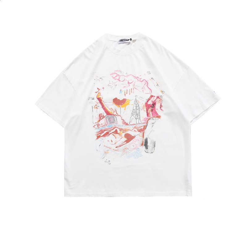 Street Print Distressed Short-Sleeved T-Shirt Men's Trendy Hip-Hop