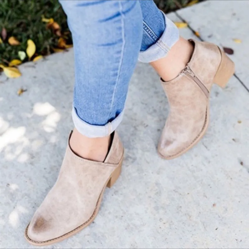 Thick Heel Pointed Toe Single Shoes Mid-heel Nude Boots - Khaki