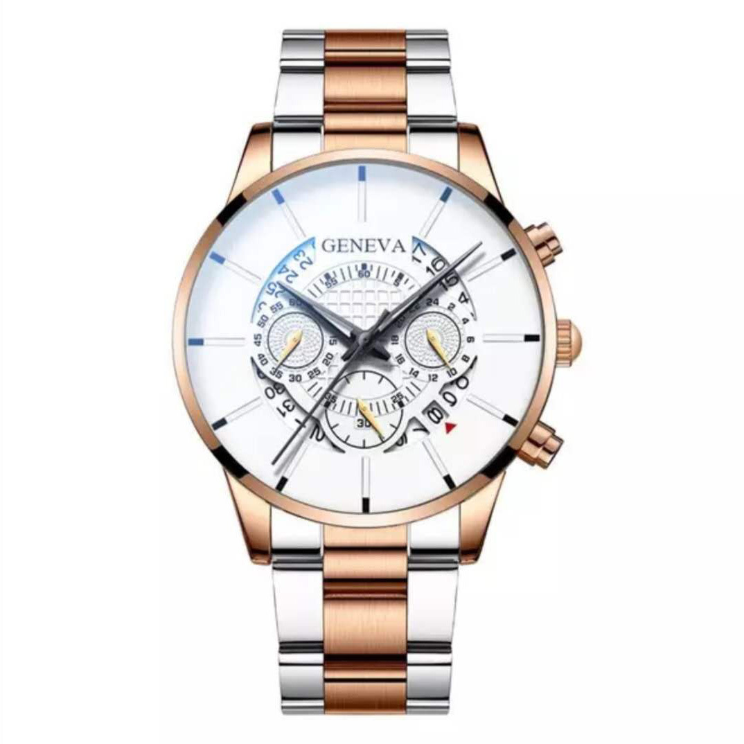 Men's Three Eyes Steel Band Watch Business Calendar Quartz Watch Belt Watch