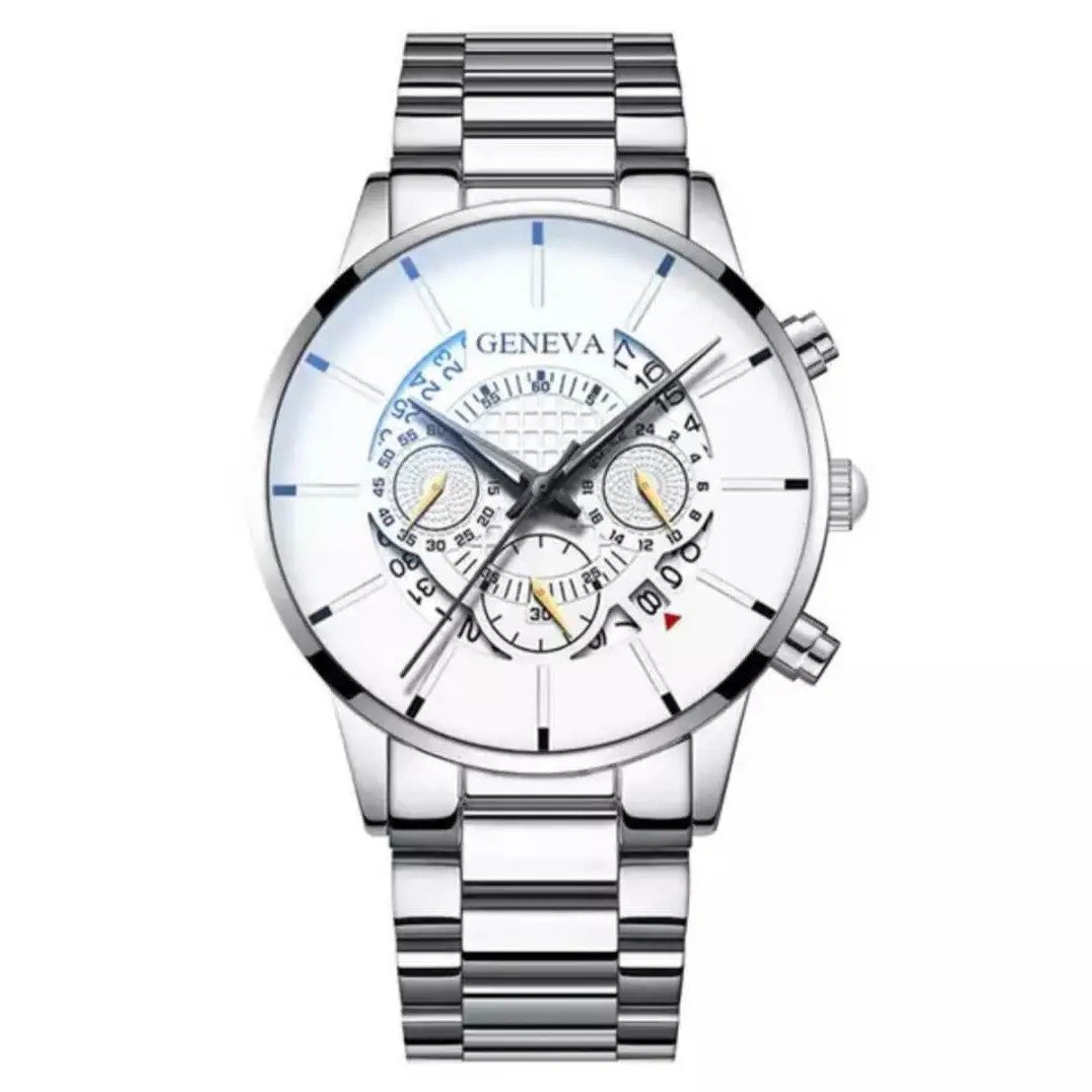 Men's Three Eyes Steel Band Watch Business Calendar Quartz Watch Belt Watch