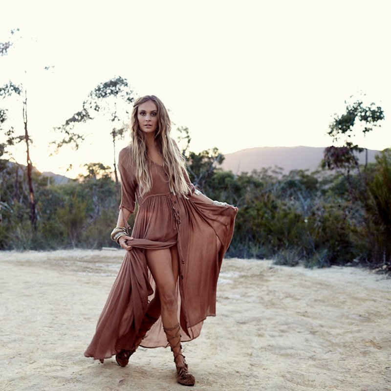 Solid Color Retro Brown Lace Up Ankle Dress