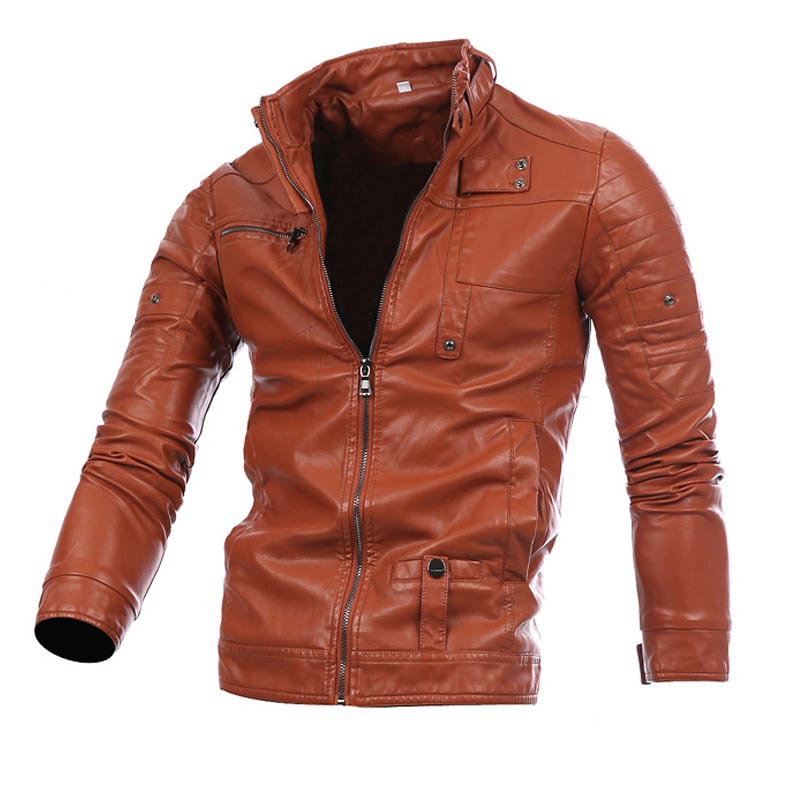 Men's Fashion Classic Multi-Zipper Button Stand Collar Motorcycle Leather Jacket