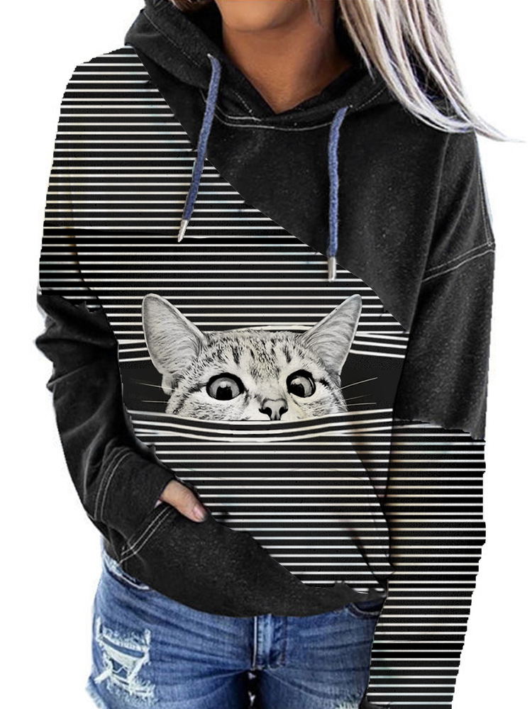 Slim Long-Sleeved Jacket With Printed Pullover Round Neck Hood