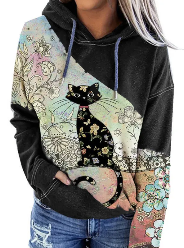 Slim Long Sleeved Jacket With Printed Pullover Round Neck Hood 02 Black - Shop at LoveMi