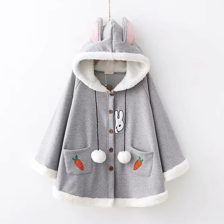 Embroidered Hooded Rabbit Ears Fur Ball And Fleece Cloak Coat