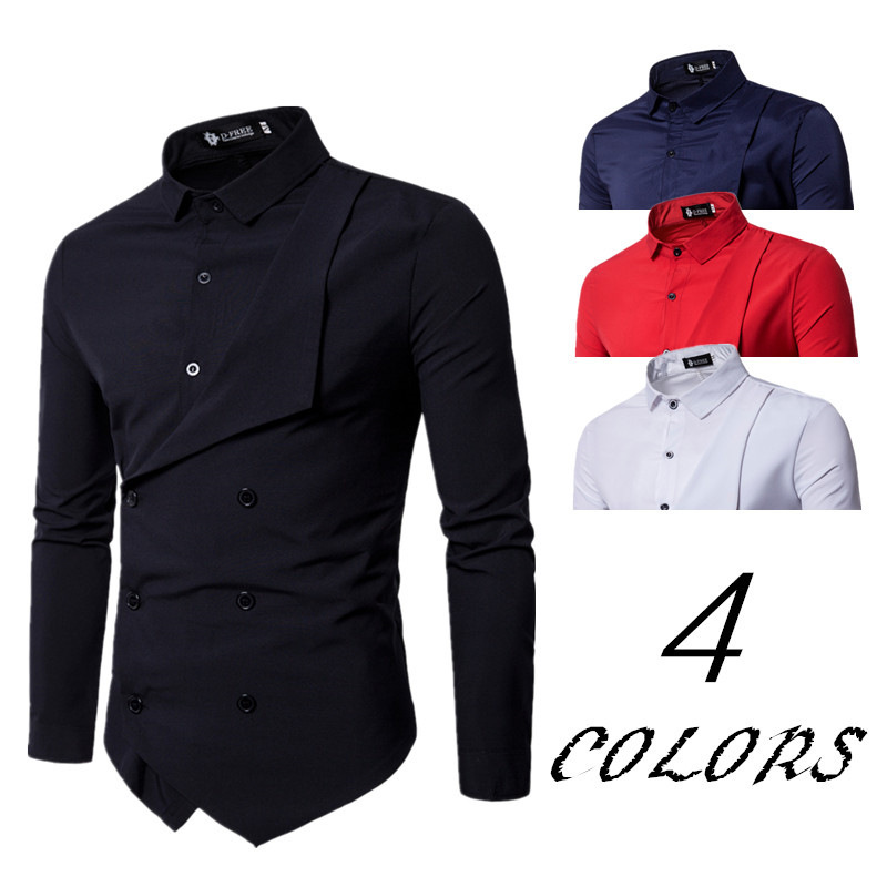 Men's double-breasted fake two-piece long-sleeved shirt