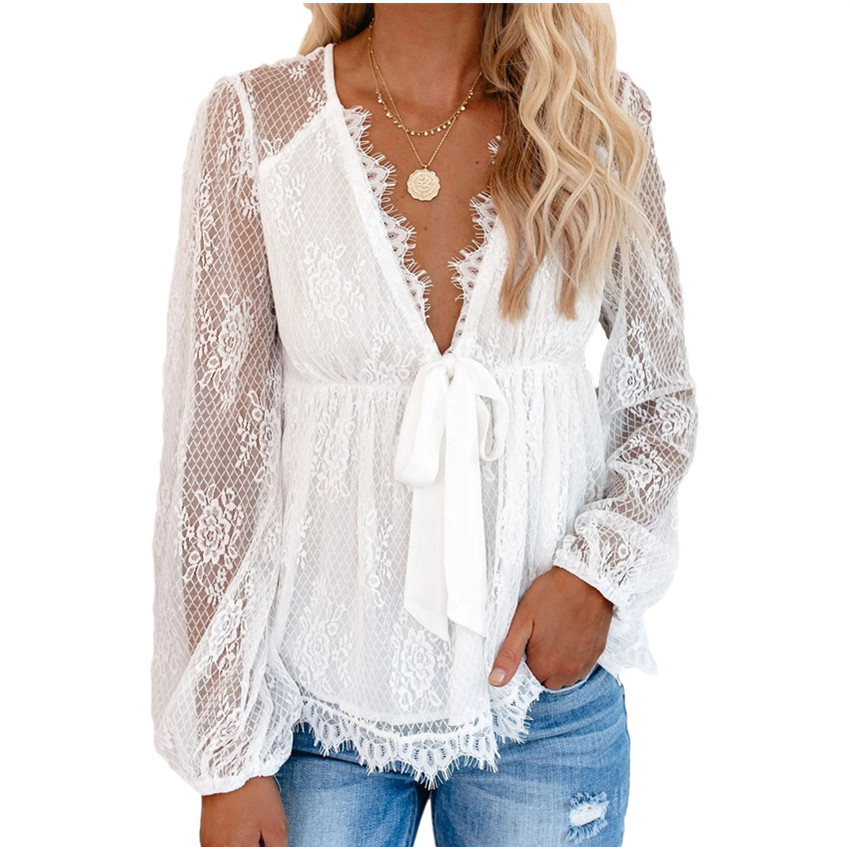 Lace Embroidery Stitching Lace Bow Tie Long Sleeve Top