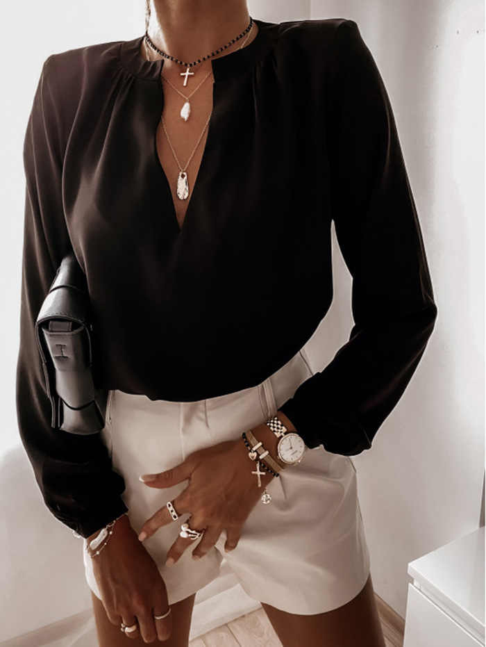 Women's Loose Long Sleeve V-neck Pullover Shirt