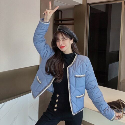 Long Sleeved Cotton Jacket Temperament Fashion All Match Short Jacket Blue - Shop at LoveMi