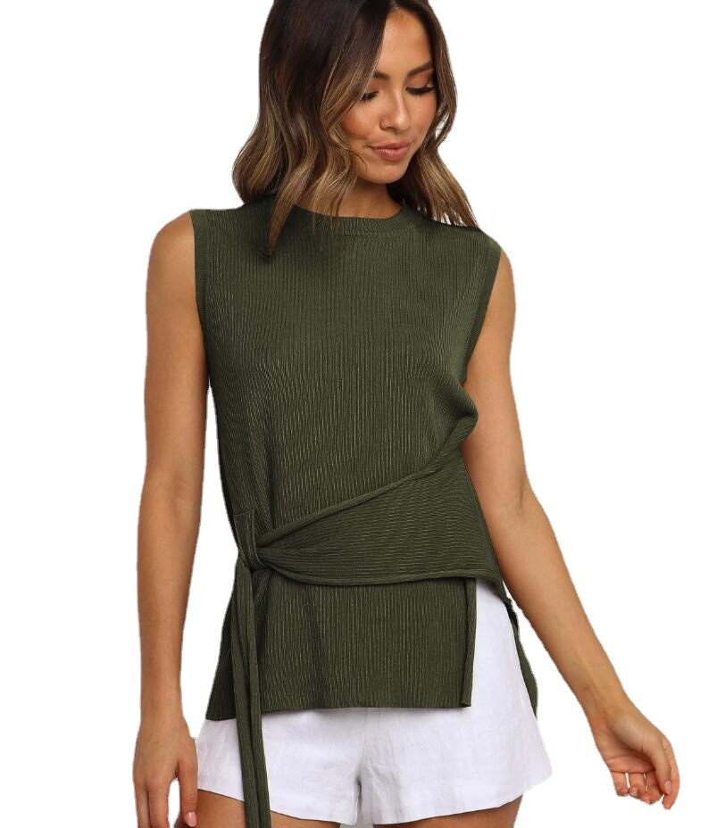 Casual Round Neck Split Sleeveless T-shirt