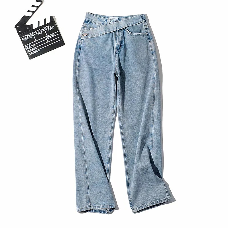Autumn New Fashion Oblique Waist Wide-Legged Straight Jeans