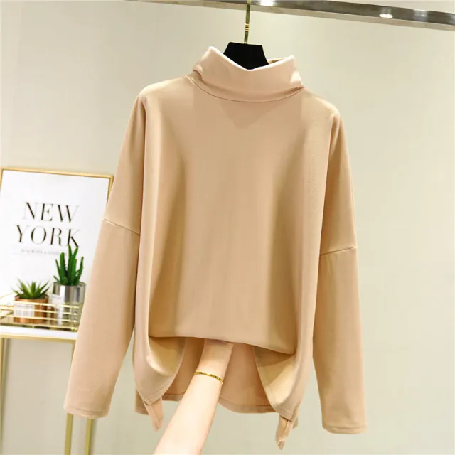 Long Sleeved High Neck Bottoming Shirt Women Double Faced Velvet Khaki - Shop at LoveMi