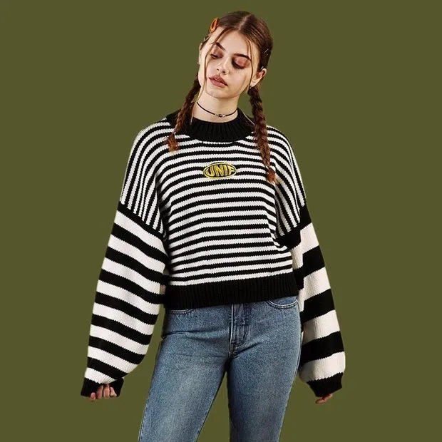 Blue Striped Loose All match Sweater Women Black - Shop at LoveMi