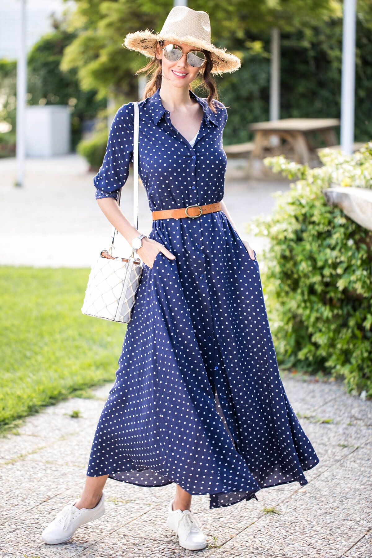 Ladies Polka Dot Shirt Collar Single Breasted Long Sleeve Dress