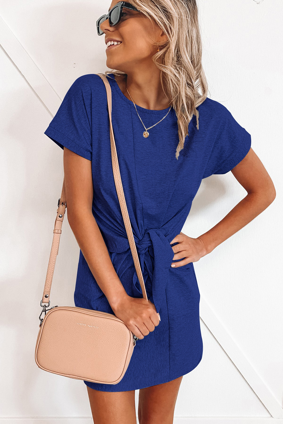 Women's Summer Solid Color Tie Short Sleeve Dress