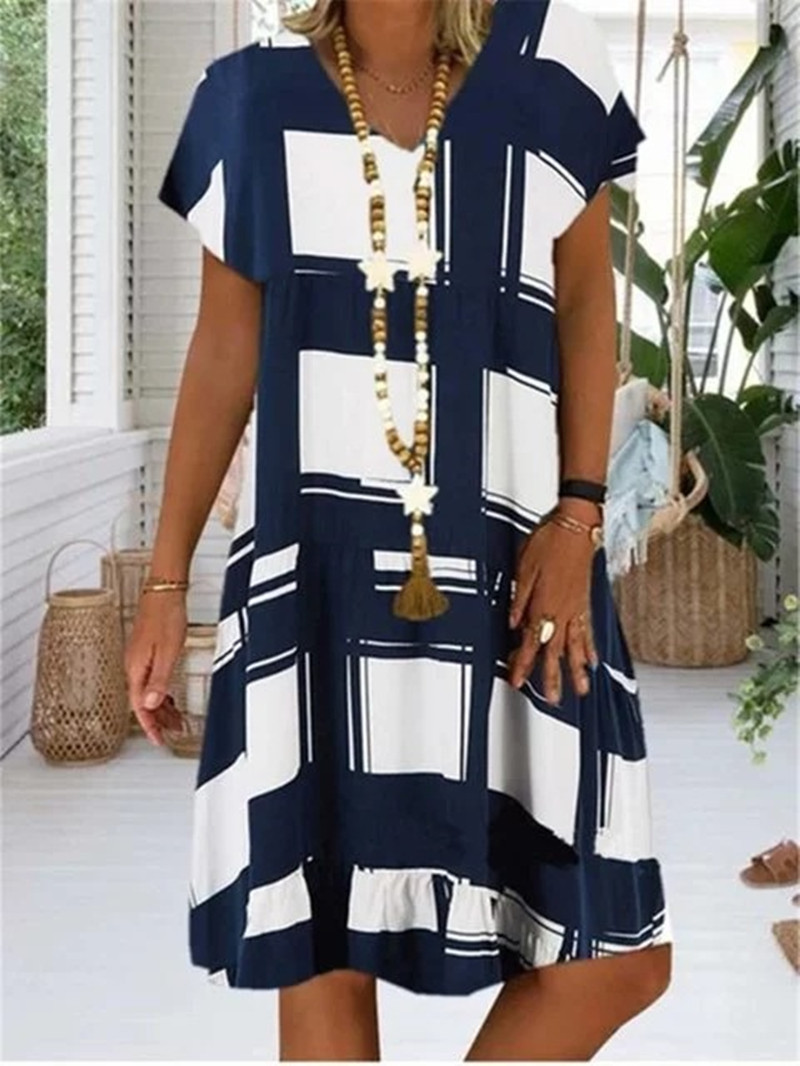 Short Sleeves With Sleeves Plaid Print Loose Long Skirt