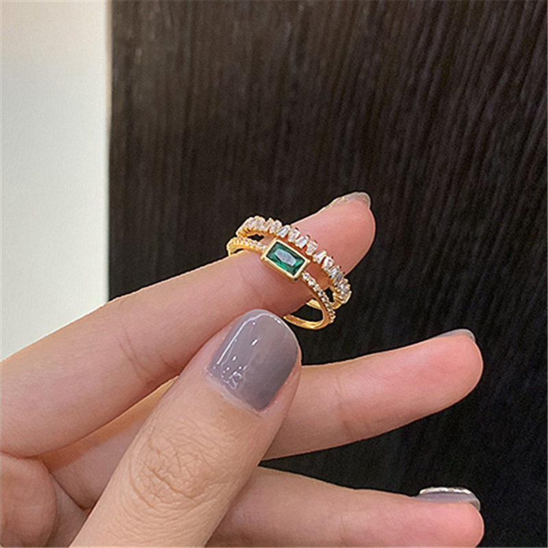 Korea's New Retro Green Double-layer Ring Fashion Simple Versatile Open Ring Elegant Ladies' Jewelry