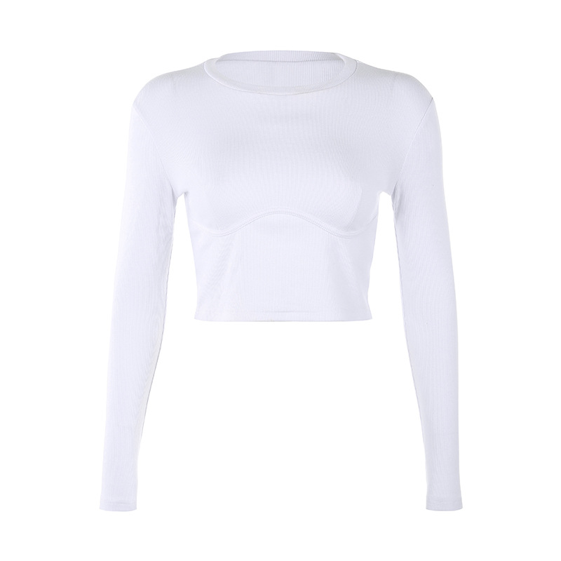 Fashion Slim Chest Shape Solid Color Round Neck Long Sleeve T-shirt Women