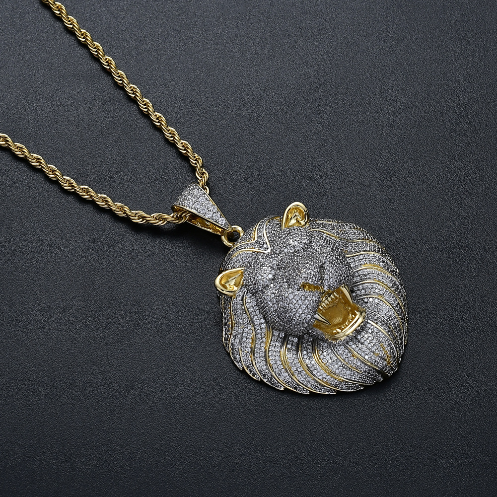 Iced Out Necklace Micro Pave Cubic Zircon Lion Head Pendant Necklace