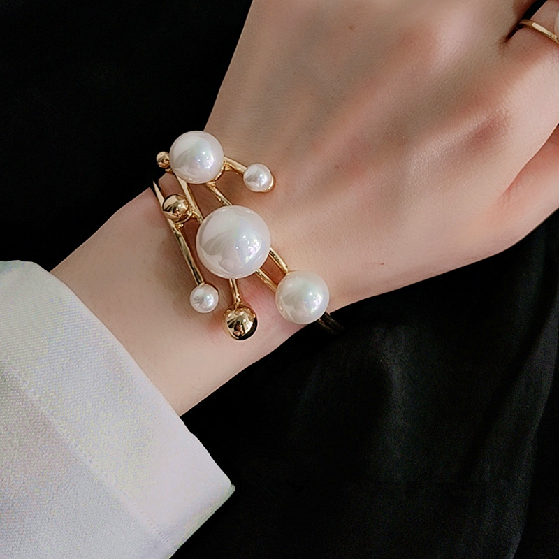 Exaggerated Multilayer Metal Pearl Open Bracelet