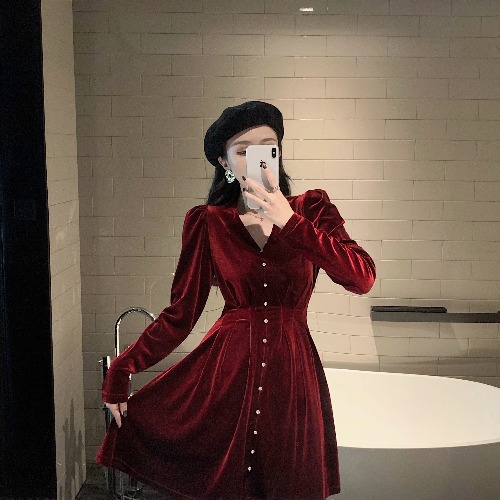 New Year Red All-Match Long-Sleeved Dress Women
