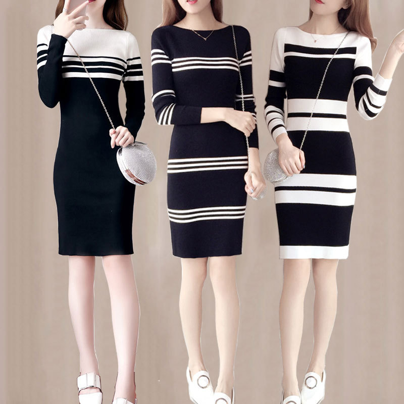 Black And White Striped Knitted Dress Mid-Length