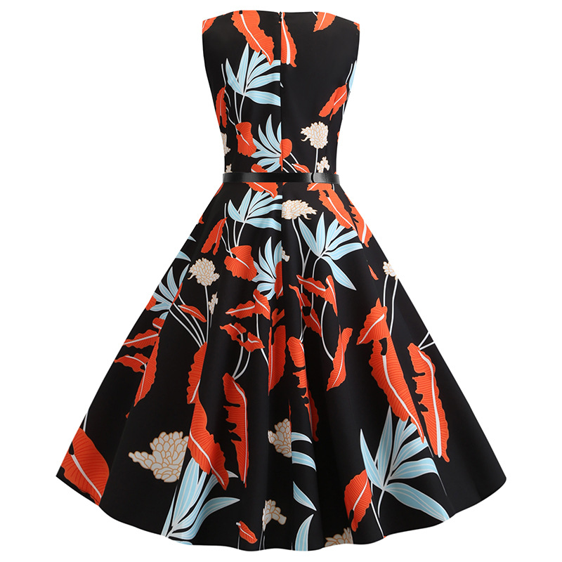 Retro Hepburn Style Waist Slimming Printed Dress