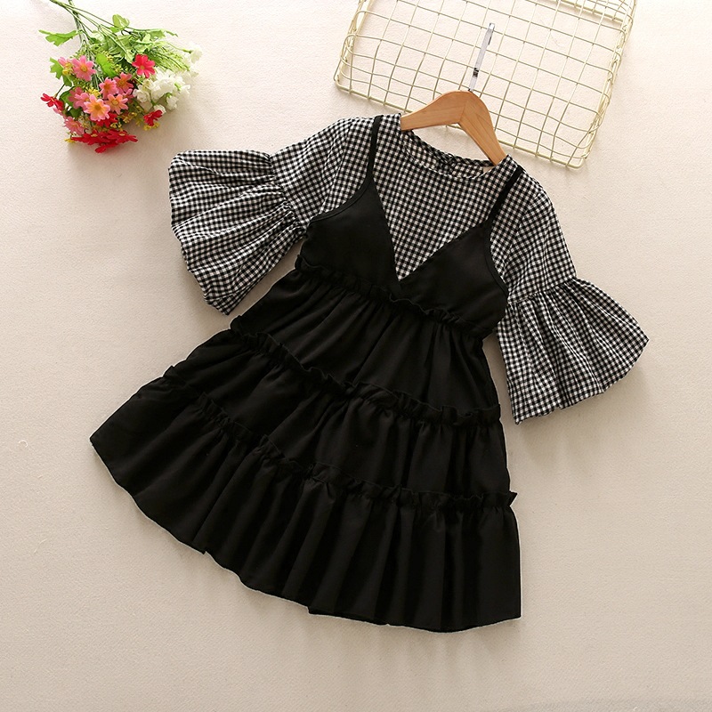 Puff Sleeve Plaid Stitching Fake Two-Piece Dress