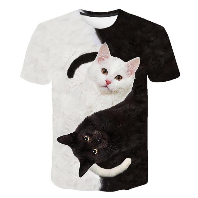 Cat Round Neck 3D Digital Print Short Sleeves