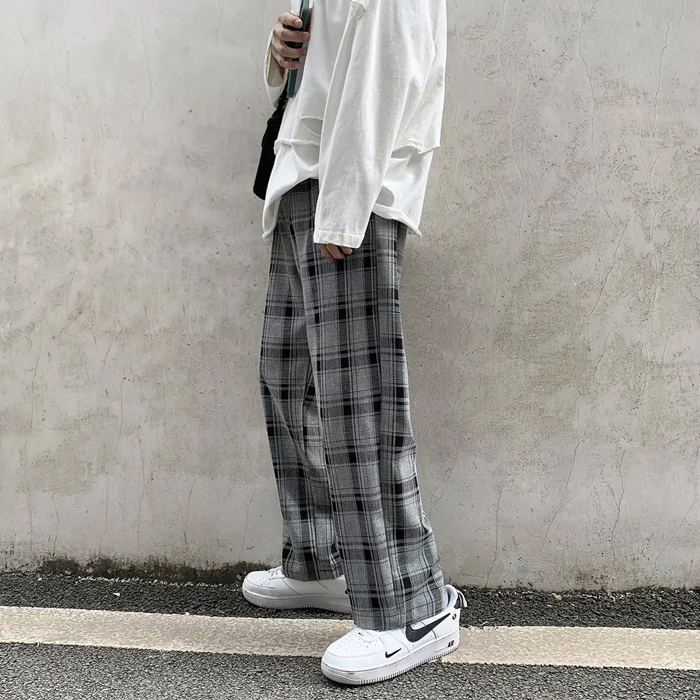Korean Style Trendy Wide-Leg Plaid Casual Pants