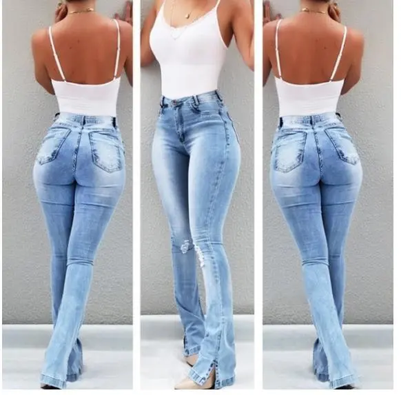 Stretch Hip Flared Pants South American Style Wide Leg Pants Light Blue - Shop at LoveMi