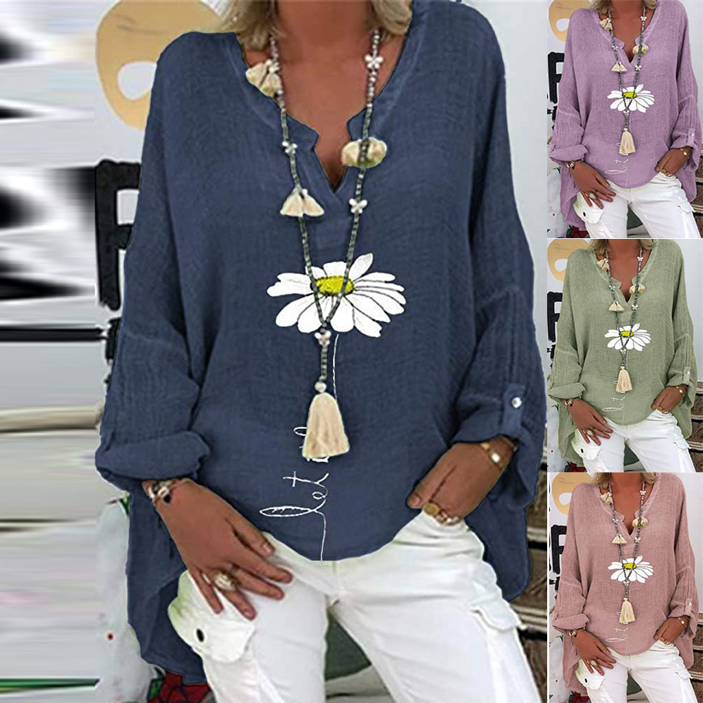 V-Neck Cotton And Linen Plus Size Printed Shirt